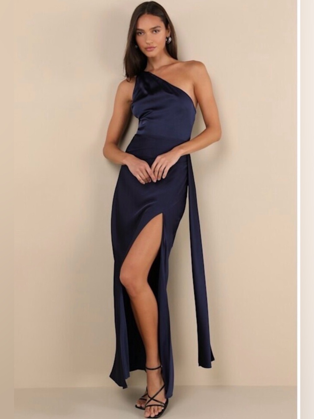 Lulus Signature Elegance Navy, Satin One-Shoulder Maxi Dress